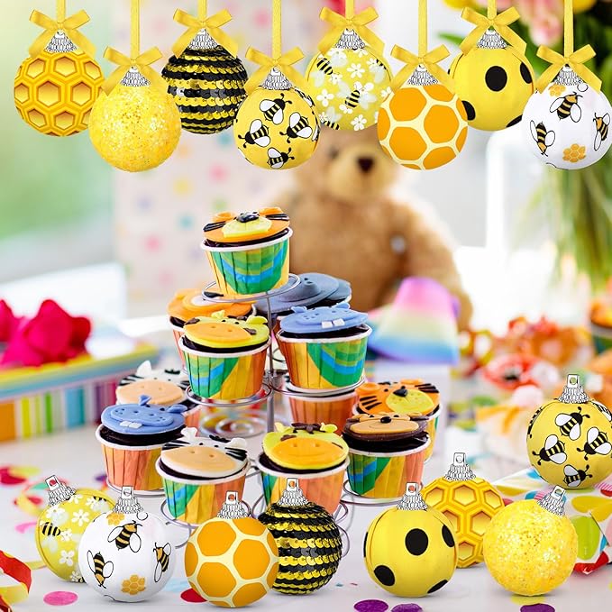 Zeyune 16 Pcs Summer Tree Ornaments Bee Decoration for Small Tree 1.6 Inch Spring Hanging Sequin Balls Ornaments Glitter Hanging Honeycomb Balls Decor for Summer Holiday Party