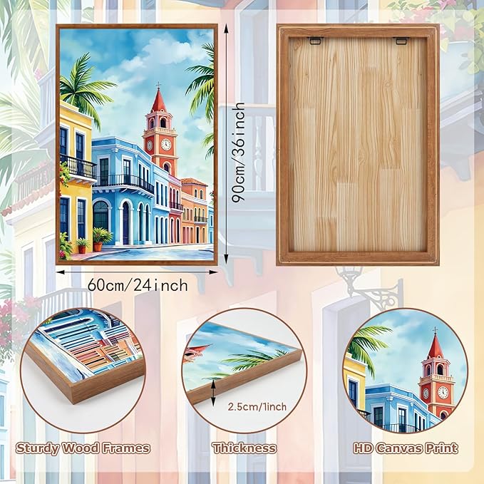KAlRNE Vintage Cityscape Framed Canvas Wall Art Set of 3(24”X36”),Watercolor Street Scenery Wall Decor,Colorful Tropical Building Painting,Texture Botanical Art Prints For Living Room Bedroom Office