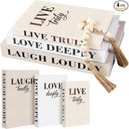 Thyle Linen Covered Fake Decorative Books with Wooden Beaded Tassel Faux Neutral Home Decor Coffee Table Books Decoration for Rustic Farmhouse Modern Living Room Bedroom Office Bookshelf Decor