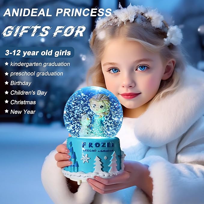 Snow Globe, Princess Snow Globes for Girls, Music Snowglobe with Automatic Snowflakes, Christmas Birthday Princess Gifts for 6 7 8 9 10 11 12+ Year Old Girls Kids