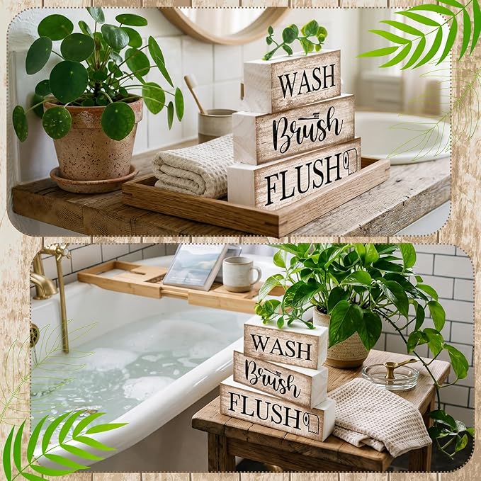 Moucuny 4 Pcs Farmhouse Bathroom Decor and Accessories Rustic Bathroom Shelf Decor Sign Set "wash/brush/flush" Farmhouse Eucalyptus Leaves Wood Block Signs for Toilet Vanity Countertop Home Decoration