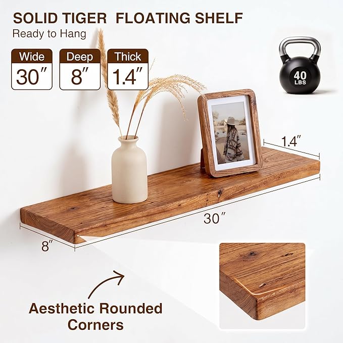 30 Inch Floating Shelves, Solid Wood Wall Shelves, 8 Inch Deep Floating Shelf – for Bathroom, Bedroom, Living Room, Kitchen, Home Decor & Storage, Heavy-Duty Wooden Shelf Wall-Mounted, Set of 2