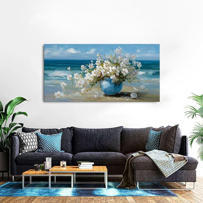 Vintage Flowers Canvas Wall Art White Blossom Painting Retro Flowers in Blue Vase Pictures Blue Ocean Coastal Landscape Prints Poster Floral Artwork for Bathroom Bedroom Home Decoration 29.53x57.87"