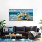 Vintage Flowers Canvas Wall Art White Blossom Painting Retro Flowers in Blue Vase Pictures Blue Ocean Coastal Landscape Prints Poster Floral Artwork for Bathroom Bedroom Home Decoration 29.53x57.87"