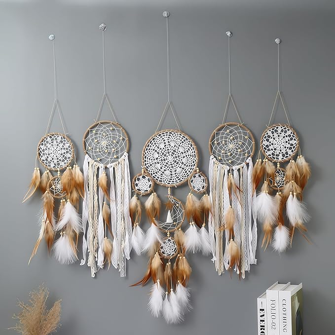Set of 5 Boho, Hanging Large Boho Dream Catcher Macrame Wall Hanging Moon Dream Catcher Set Dream Catchers Wall Decor for Vintage Wedding Home Decorations (E)