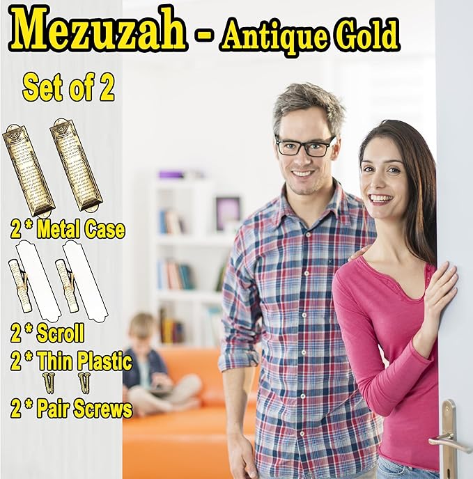 2 Pack Mezuzah with Scroll for Door - Jewish Mezuzah for Door Metal Cases with English and Hebrew Blessing for House Warming Hanukkah Gift (Antique Golds)