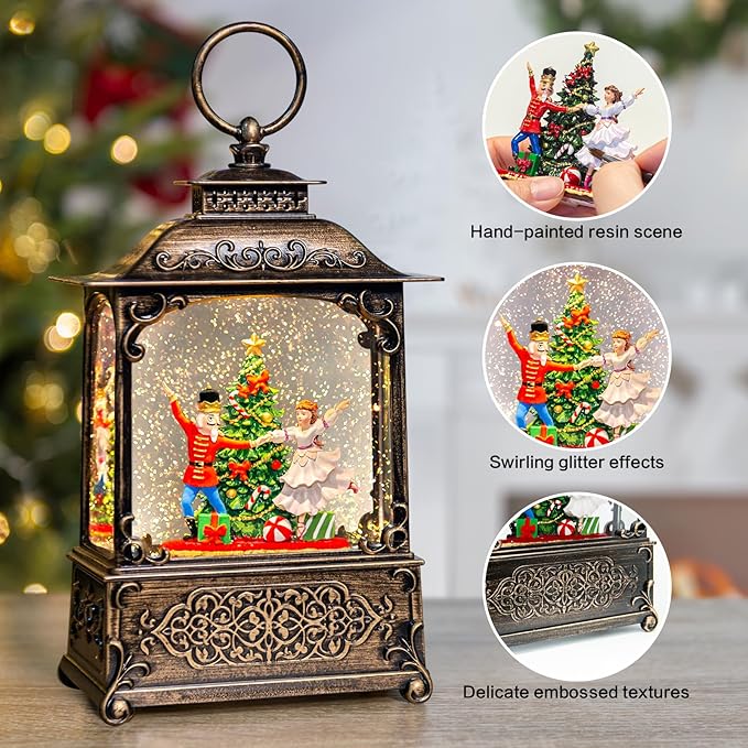 Christmas Snow Globes Lantern with The Nutcracker Music, Nutcracker Snow Globe with Swirling Glitter Effects, USB/Battery Powered with 6-Hour Timer, Christmas Decorations