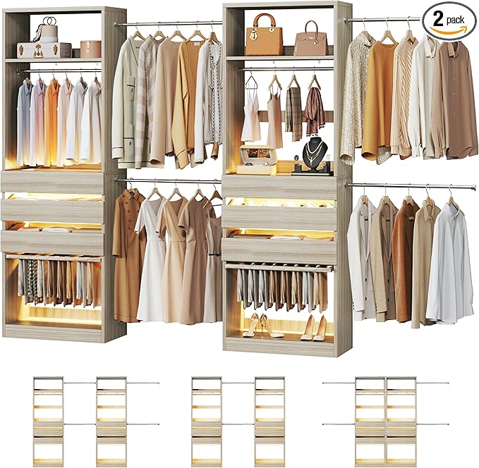 Closet System Set of 2, 5.7-10.4FT Closet Organizer System with 6 Wood Drawers & LED Glasstop, Wood Walk-in Closet with 10 Hanging Rods & 2 Trouser Rack, Built-in Garment Rack with Shelves, White Oak