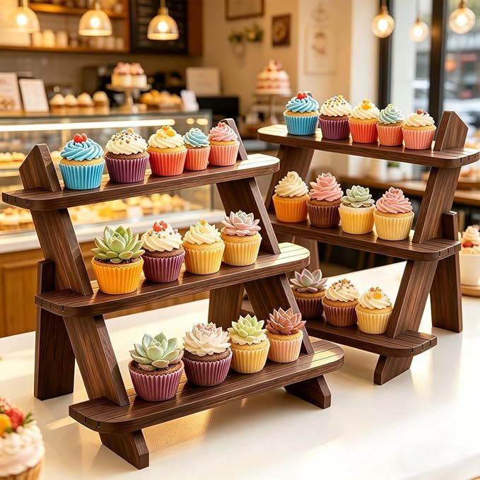 2Pcs Wooden Cupcake Stand, 3 Tier Wood Rustic Cupcake Stand, Dessert Display Stand Shelf, Buffet Risers for Table Display, Tool Free Installation Cupcake Stands for Birthday Party Decoration Supplies