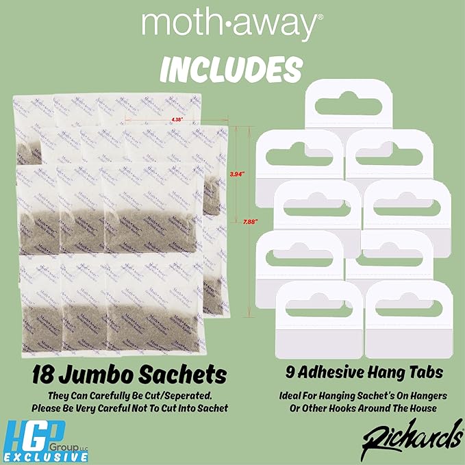 Richards Homewares Moth Away Herbal Repellent – 18 Jumbo Sachets with Hanging Hooks, All-Natural & Non-Toxic Moth Protection, Fresh Mint Scent, Made in USA