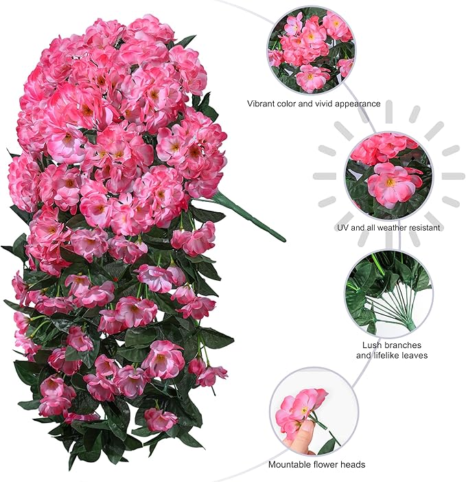 Artificial Fake Flowers Geraniums for Outdoors Spring Decor, 2 PCS Faux Hanging Plants Pink Outdoor Silk Flowers UV Resistant Realistic Trailing Vines for Outside Planters Porch Patio Garden Balcony