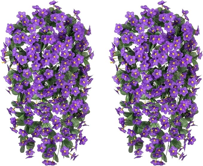 HyeFlora Artificial Faux Hanging Flowers for Outdoor Outside Spring Decoration, 2PCS Fake Silk Purple Daisy Plants UV Resistant Look Real Orchid Mums Vine for Front Door Porch Planter Balcony