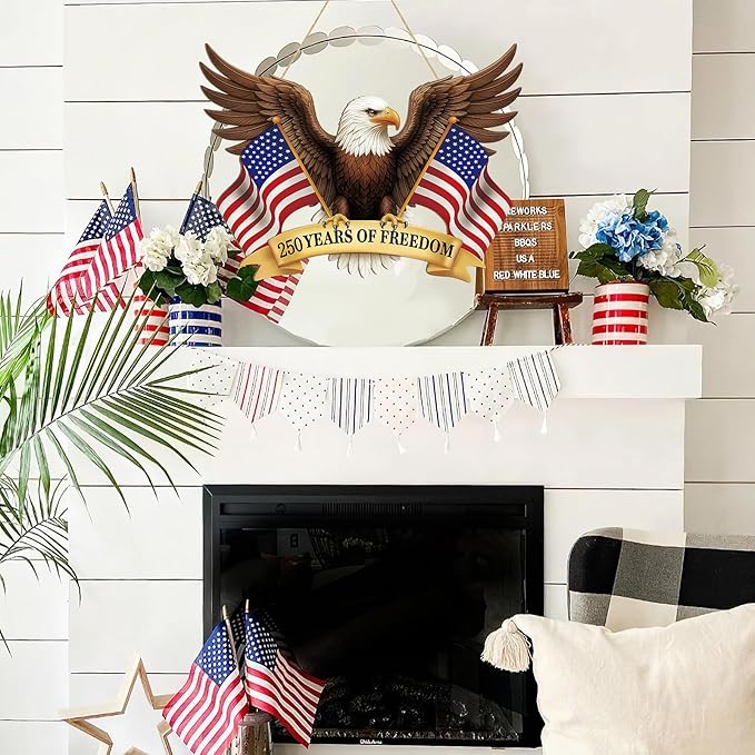 250 Anniversary 4th of July Decoration Door Wreath for Front Door Sign Patriotic Eagle Wall Signs 250 Years of Freedom 1776-2026,Independence Day Patriotic Day Wreath Memorial Day Hanging for Home