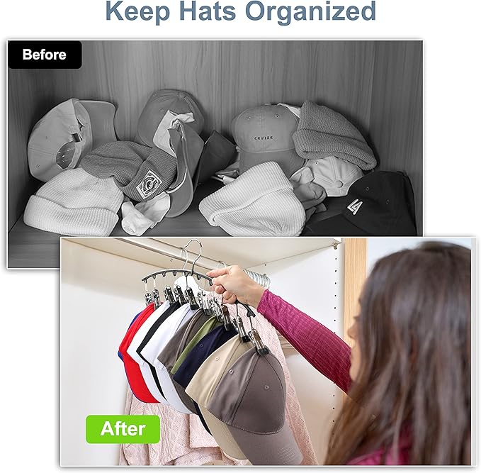 Hat Hangers for Closet, Metal Hats Organizer Racks for Base Ball Caps 2 Pack Door Hats Racks for Baseball Cap with 10 Large Clips, Baseball Hat Holder for Closet Storage, Fits All Cap-Black