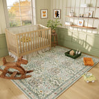 Beige Blue Area Rug 5x7 - Vintage Washable Floral Rug for Living Room, Bedroom, Nursery & Entryway - Low Pile, Non-Slip, Stain Resistant, Retro Indoor Carpet