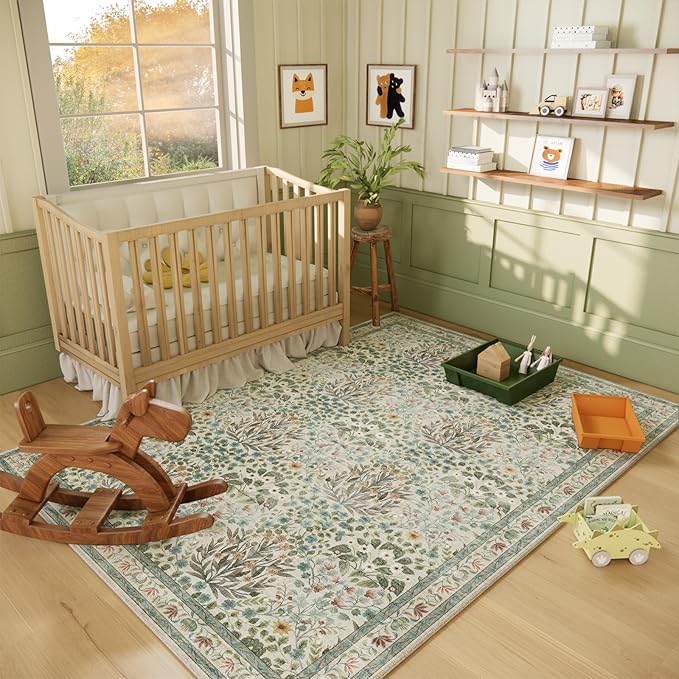 Beige Blue Area Rug 5x7 - Vintage Washable Floral Rug for Living Room, Bedroom, Nursery & Entryway - Low Pile, Non-Slip, Stain Resistant, Retro Indoor Carpet