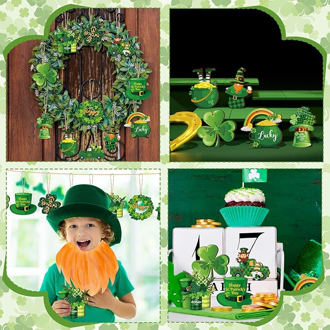 Sintuff 36 Pieces St. Patricks Day Decorations Wooden Shamrock Ornaments for Tree St Patricks Day Ornaments Irish Hanging Decorations for Party