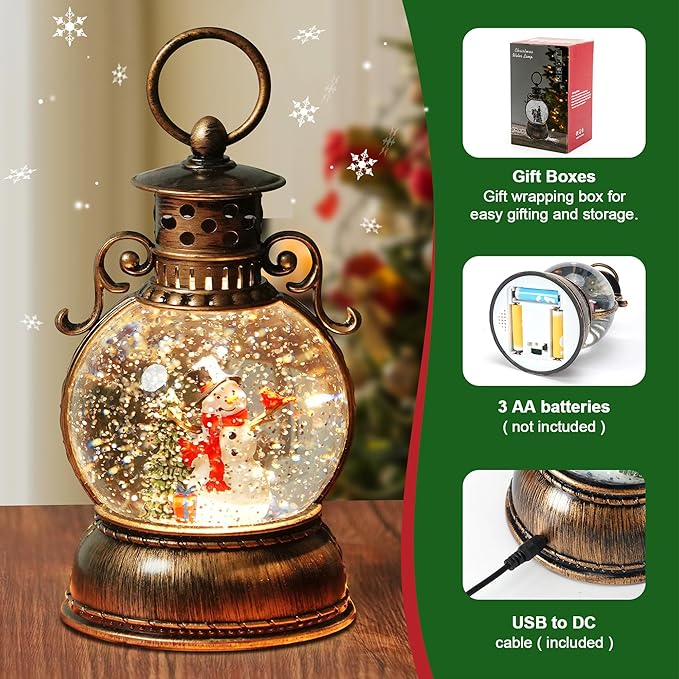 Christmas Snow Globe Lantern Water Glittering Snowman Scene with Music & Timer, USB Lined/Battery Operated Lighted Water Lantern for Christmas Festival Decoration Gifts