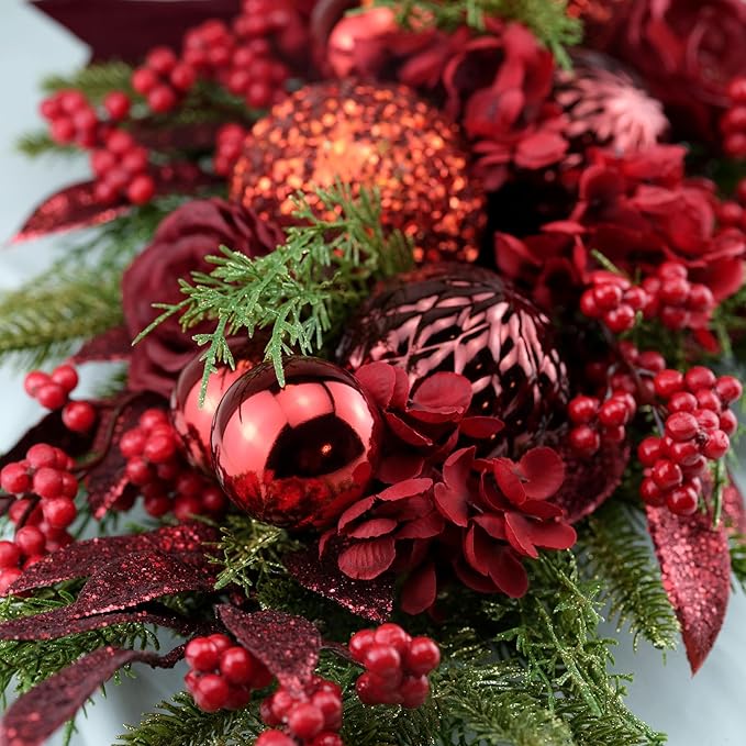 24" Decorative Teardrop Swag, Artificial Christmas Swag with Red Hydrangea & Baubles, Purple Bowknot, Red Berries, Sparkling Leaves, Pine Needles