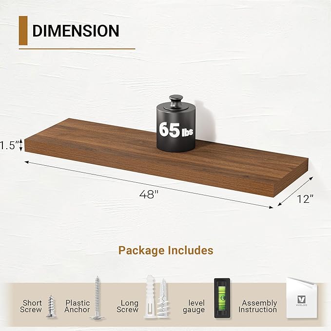 Vivelove Rustic Floating Shelves for Wall 12 Inch Deep, 48" X 12" X 1.5" Floating Shelf, 2 Inch Thick Shelf for Living Room Bathroom Bedroom Kitchen Office, Rustic Farmhouse Decor Set of 2, Walnut