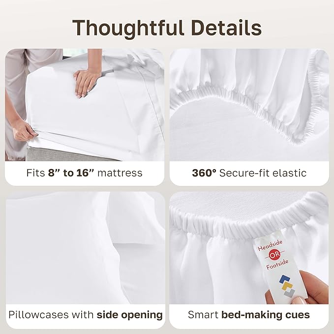 California Design Den California King Sheet Set - Luxury 600 Thread Count 100% Cotton Sateen, Deep Pocket Sheets with All Around Elastic for a Snug Fit, Hotel Quality Bedding Set - White