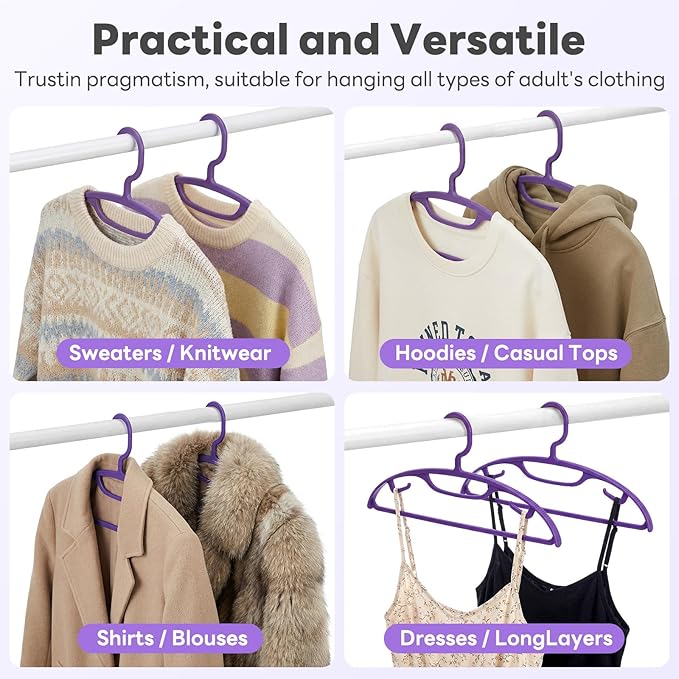 HOUSE DAY Plastic Clothes Hangers 24 Pack, Sweater Hangers No Shoulder Bump, Thick Heavy Duty Coat Hanger for Closet, Purple Wide Hanger with Non-Slip Hook for Sweaters, Suits, Dresses, Jackets, Pants