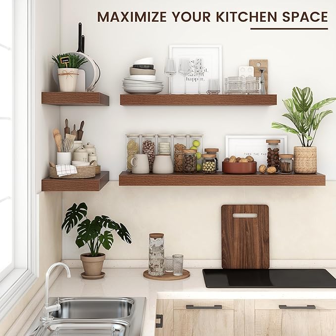 Venusmiles Floating Shelves for Wall, 48 Inch Wide x 12 Inch Deep Floating Shelves, Long Wood Floating Wall Shelf Shelves for Living Room Bathroom Bedroom Kitchen Home - (Walnut, 48" W x 12" D x 2" H)
