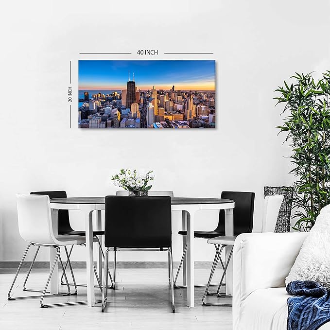 AIYISU Sunset Chicago Wall Art USA City Wall Decor Chicago Skyline Picture Center Cityscape Canvas Prints Painting Modern City Skyscraper Poster Artwork for Bedroom Living Room Home Decoration 20x40”