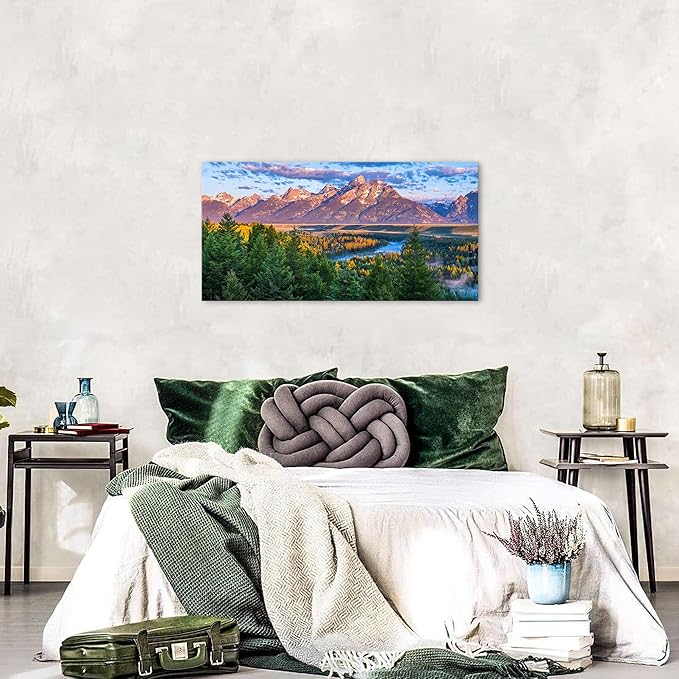 AIYISU Grand Teton Mountain Wall Art Sunset Nature National Park Posters Oxbow Bend Snake River Landscape Wall Decor Wyoming Scenery Painting Artwork for Living Room Office Home Decoration 20x40