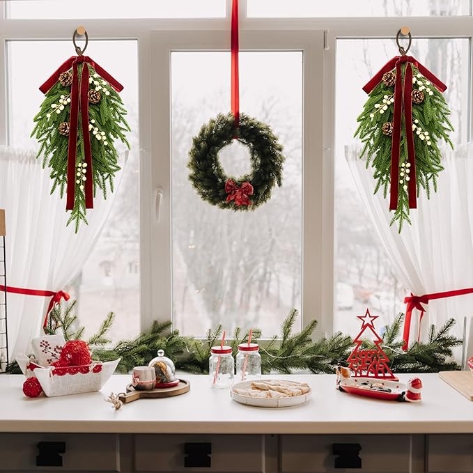 nuvagiki Christmas Teardrop Swag Decorations, 24'' Christmas Teardrop Wreath Artificial Pine Needle Berries Hanging Decor, Red Velvet Bow Swag Decorations for Front Door Mantle Wall Indoor Home Decor