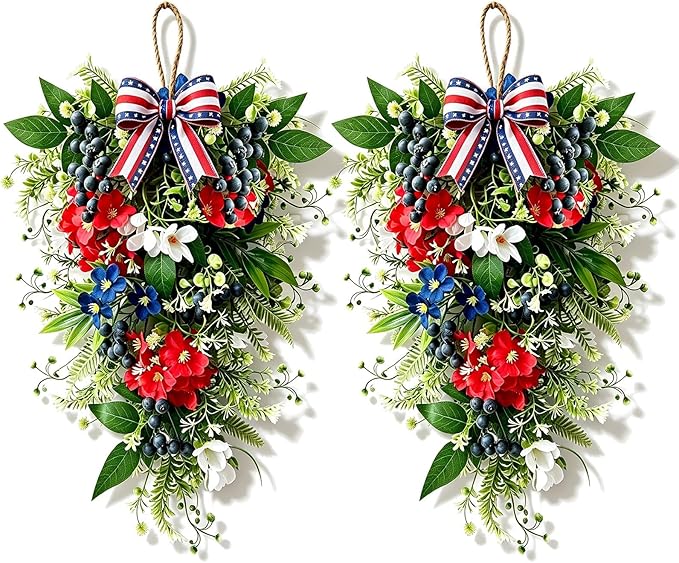 2 Pack 21'' Patriotic Teardrop Swag Wreaths Artificial 4th of July Hanging Swag for Cabinets Red White Blue Floral Navy Blue Berries for Independence Day Memorial Day Front Door Porch Window Wall