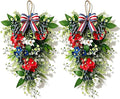 2 Pack 21'' Patriotic Teardrop Swag Wreaths Artificial 4th of July Hanging Swag for Cabinets Red White Blue Floral Navy Blue Berries for Independence Day Memorial Day Front Door Porch Window Wall