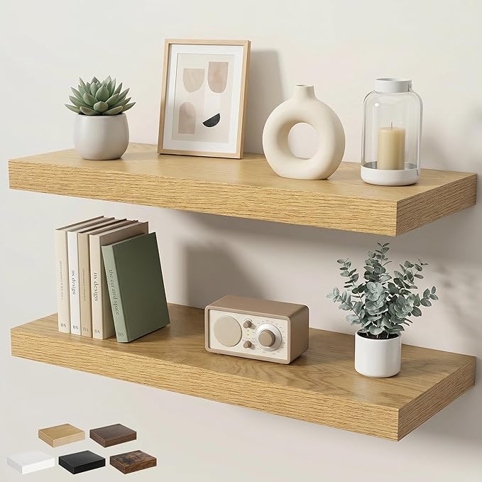 Floating Shelves for Wall 32 in x 9.3 in Deep, Wall Mounted Rustic Wood Shelf with Invisible Brackets for Storage & Display, Living Room Bedroom Bathroom, Oak, 2 Pack