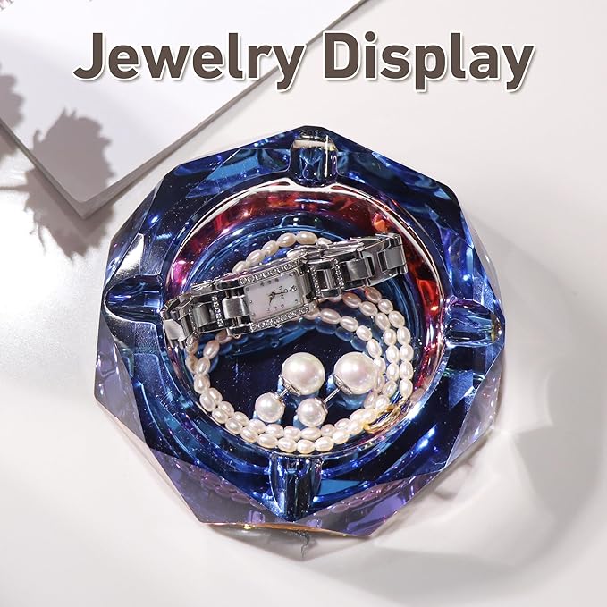 Coomin Crystal Glass Ashtray, Sparkly Cigar Cigarettes Ash Tray, Ashtrays for Smokers Indoor Office Home Desktop Tabletop, Unique Luxury Gifts for Men, Blue