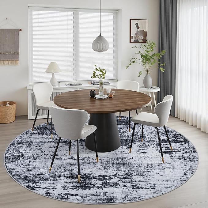 Round Area Rug for Living Room: 8 ft Washable Modern Abstract Soft Thin Rug Indoor Floor No Slip Stain Resistant Carpet for Bedroom Dining Room Farmhouse Nursery Home Office - Black