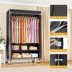 P6C Rolling Clothes Rack with Cover, Covered Clothing Racks Heavy Duty, Portable Closet for Hanging Clothes, Garment Racks on Wheels, Black Closet Rack with Black Cover, Max Load 365LBS