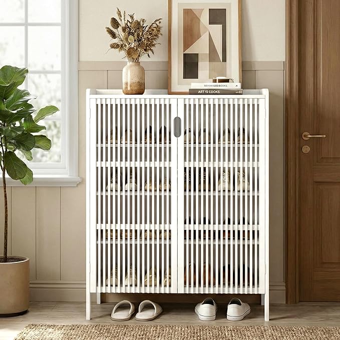Shoe Cabinet with Doors Bamboo 5 Tiers Shoe Storage Cabinet for Entryway, 25 Pairs Wooden Shoe Cabinets, Modern Shoe Organizer Storage for Living Room, Bedroom, Hallway, Closet (White)