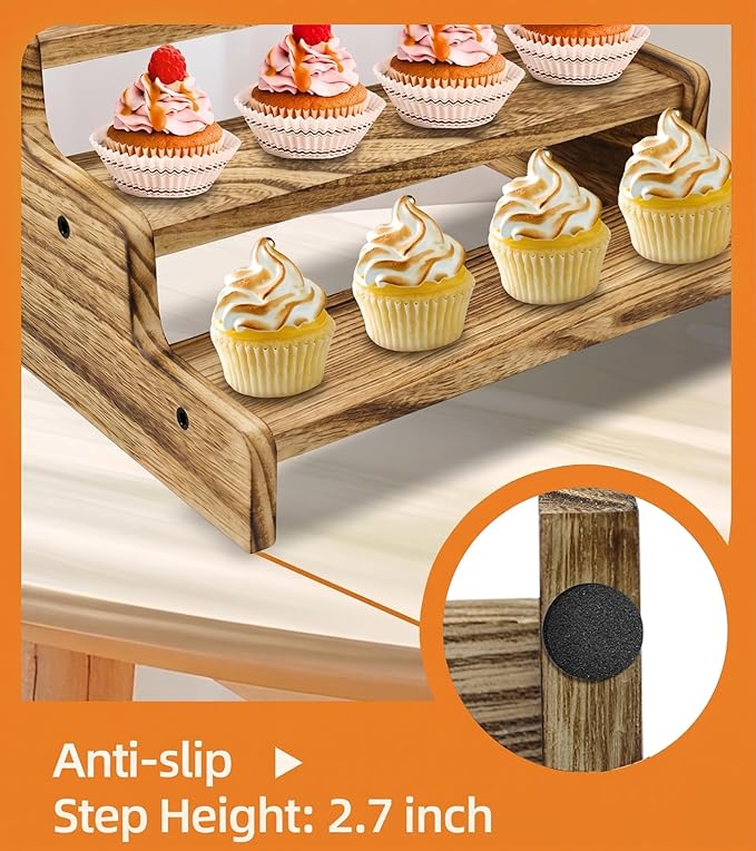 Wooden Cologne Organizer for Men, Perfume Organizer Stand, Cologne Stand with Anti-Slip Washers, Wooden Display Risers Stand for Dessert, Cupcake, Charcoal-Grilled, 3-tier-11.8in