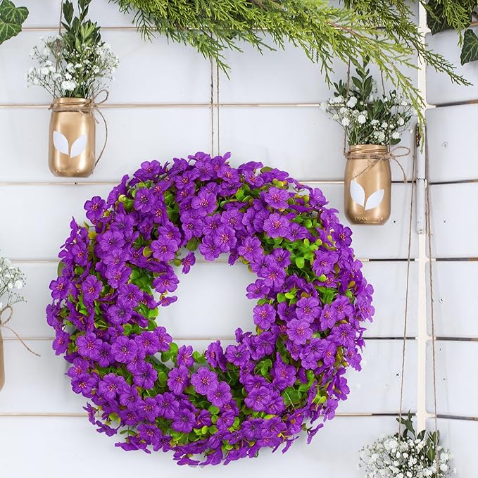 20 Inch Spring Summer Floral Wreath, Violet Artificial Silk Flowers with Green Eucalyptus Leaves, Farmhouse Faux Greenery Wreath for Front Door Outdoor Wall Wedding Home Decor