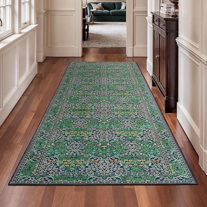 Lessymo Washable Hallway Runner Rug with Rubber Backing, Non Slip 8ft Long Floor Runner for Kitchen, Entryway Indoor, Stain Resistant Soft Boho Vintage Floral Botanical Carpet (2'7"x8' Forest Green)