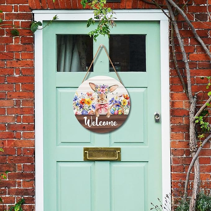 Hello Spring Easter Bunny Rabbit Sign for Front Door 12”x12” Summer Welcome Easter Wood Door Hanger for Outdoor Outside Porch Farmhouse Flowers Wooden Wreath Indoor Outdoor Wall Hanging Decoration
