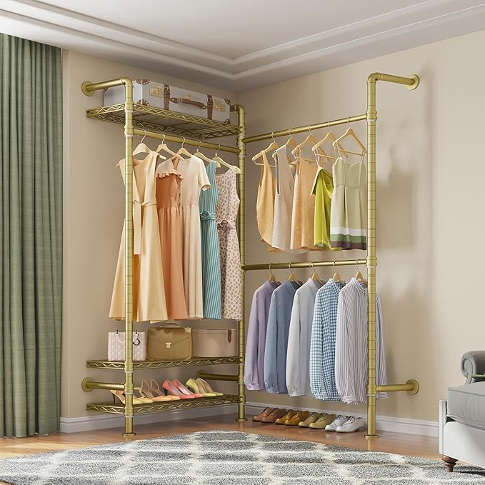 Timate L2 Wall Mounted Clothes Rack Industrial Pipe Clothing Rack for Hanging Clothes, Adjustable Expandable Garment Rack Heavy Duty Closet Organizer, Gold Mounted Closets Industrial Closet System