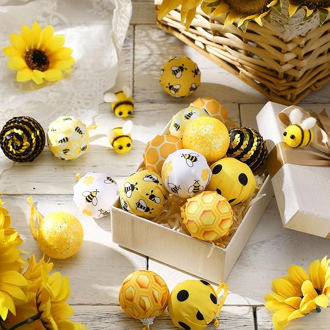 Zeyune 16 Pcs Summer Tree Ornaments Bee Decoration for Small Tree 1.6 Inch Spring Hanging Sequin Balls Ornaments Glitter Hanging Honeycomb Balls Decor for Summer Holiday Party