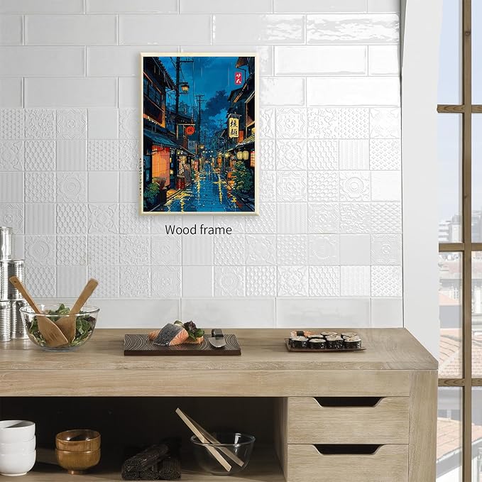 Japanese Tokyo Tea House Framed Canvas Wall Art Japanese City Street Cafe Scene Picture Print Modern Ukiyo-e Decor Poster for Japanese Home Bedroom Decorations Artwork20x30in