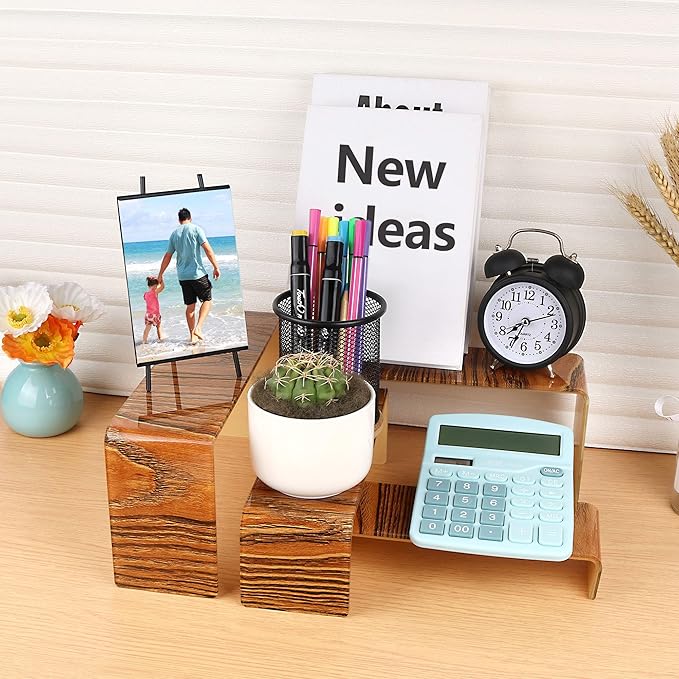 ELEGANTLIFE Acrylic Display Risers Set of 4, 4-Level Tiered Display Stands for Cupcakes, Small Figures & Jewelry, Compact Countertop Display Shelf, Multiple Colors Available (Dark Wood Grain)