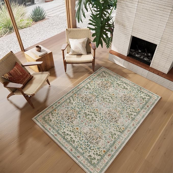 Vintage Washable Area Rug 4x6, Beige & Blue Low Pile Non-Slip Stain Resistant, Distressed Retro for Bedroom Under Bed, Living Room, Nursery, Kitchen & Entryway