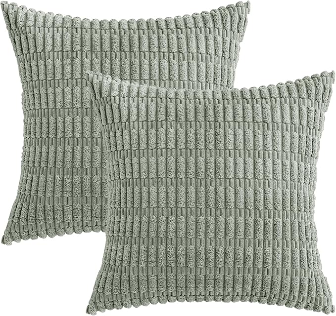 MIULEE Pack of 2 Spring Corduroy Decorative Throw Pillow Covers 12x12 Inch Soft Boho Striped Pillow Covers Modern Farmhouse Home Decor for Summer Sofa Living Room Couch Bed Greyish Green