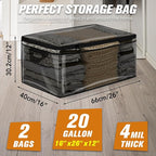HIBAG 20 Gallon Large Storage Bag for Clothes, Zipper Clothing Storage Bag Organizer with Handles, for Comforters Blankets Pillows Bedding (Black, 2 Pack)
