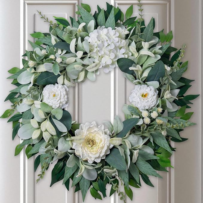 Spring Summer Wreath for Front Door Year-Round, 20" Artificial Greenery Wreath for Porch Wall Window, Farmhouse Holiday Decor with Lamb’s Ear Hydrangea Peony