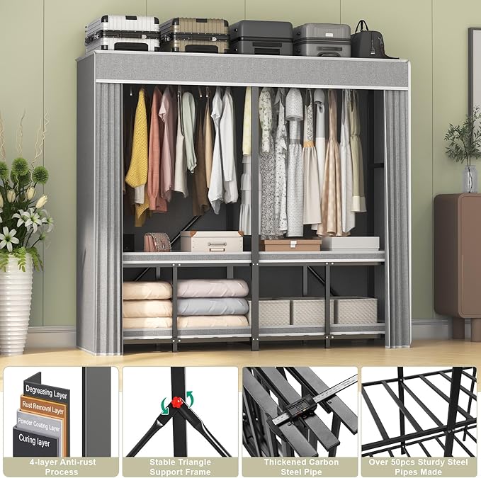95% Assembled 75" L Heavy Duty Clothes Rack with Cover, Premium Freestanding Portable Clothes Rack, Strong Foldable Garment Rack for Hanging Clothes, Black